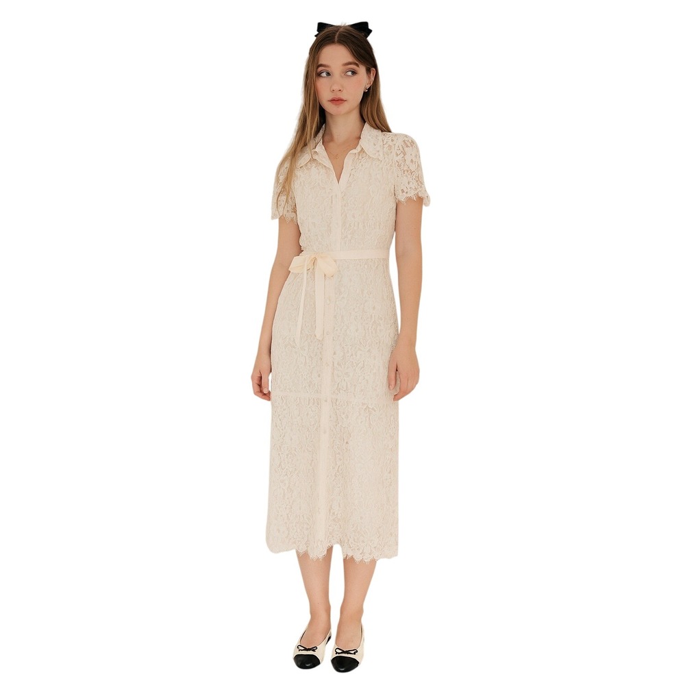 MORRISSEY VTG Sheer Off‎ White Lace Midi Dress Button Up Soft Girl Balletcore